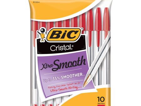 BIC - Cristal Xtra Smooth Ball Pen, Medium Point (1.0 mm), Red - 10 Pens For Cheap