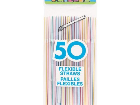 UNIQUE - Bagged Flexible Plastic Drinking Straws, Assorted Striped - 50 Straws Sale