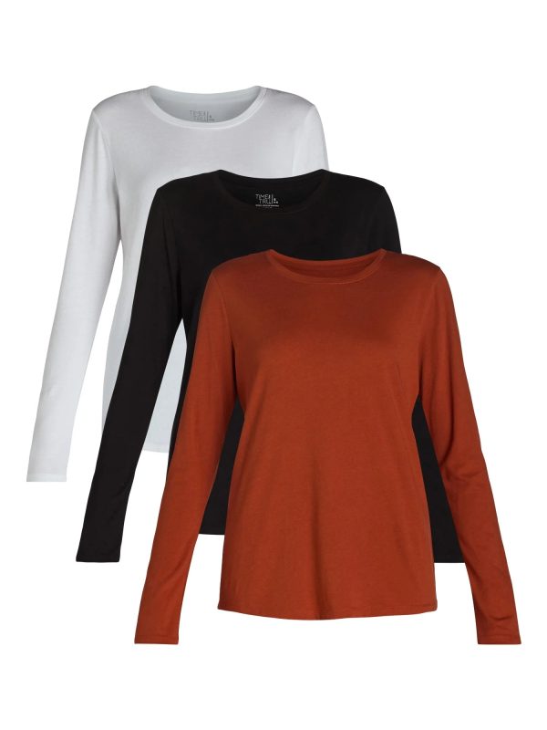 Time and Tru Women s Cotton Crewneck Tee with Long Sleeves, Single and 3 Pack, Sizes XS-XXXL Online