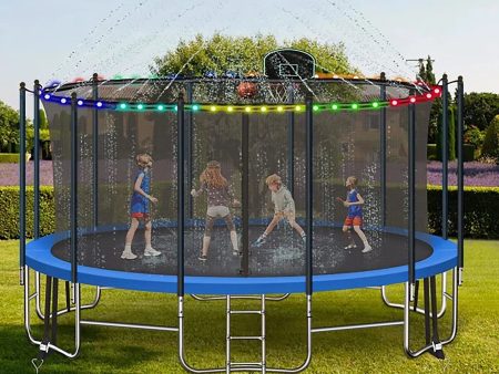 16FT Trampoline for 8-9 Kids Adults with Basketball Hoop, Enclosure, Light, Sprinkler, Socks, 2000LBS Outdoor Round Heavy Duty Recreational Backyard Trampoline Hot on Sale