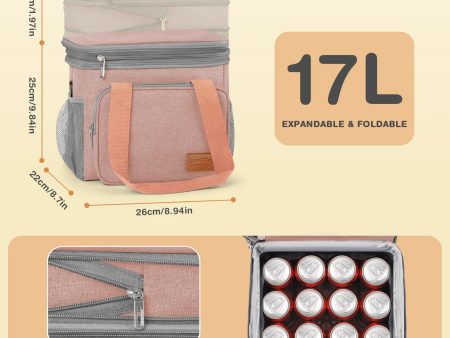 Lunch Bags for Women Men, 17L Reusable Insulated Lunch Bag, Double Deck Lunch Tote Box for Office Work School Picnic Beach, Leakproof Cooler Bag with Adjustable Strap Side Mesh Pocket, Pink Supply