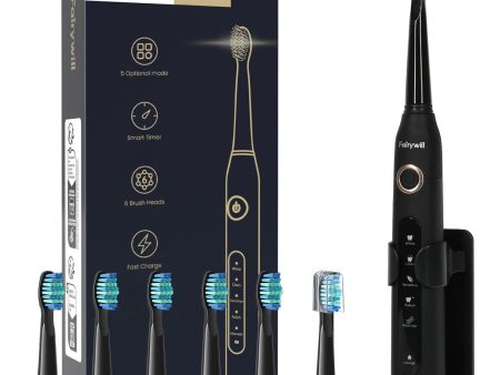 Fairywill Sonic Electric Toothbrush,Power Toothbrushes with 6 Rechargeable Brush Heads,IPX7 Waterproof 5Modes 30Days Battery Life Suitable for Short Business Trips,Black Supply