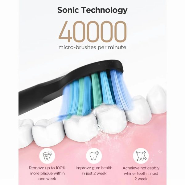 Fairywill Sonic Electric Toothbrush,Power Toothbrushes with 6 Rechargeable Brush Heads,IPX7 Waterproof 5Modes 30Days Battery Life Suitable for Short Business Trips,Black Supply