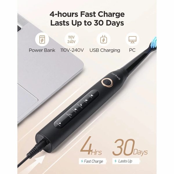 Fairywill Sonic Electric Toothbrush,Power Toothbrushes with 6 Rechargeable Brush Heads,IPX7 Waterproof 5Modes 30Days Battery Life Suitable for Short Business Trips,Black Supply